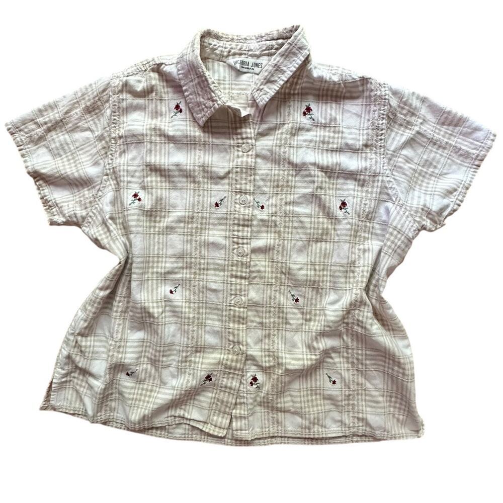 Vintage Victoria James Tan Button-up Short Sleeve Blouse w rose accents size 1XL